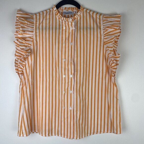 Anthropologie Tops - Harshman Women's Striped Ruffle Blouse Size M MISSING BUTTON Orange White